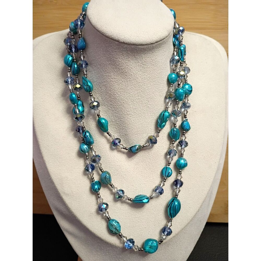 Vintage Cool Winter Season Statement Necklace with Shades Of Blue Lampwork Beads